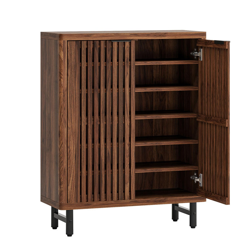 33.46" Modern Walnut Wooden  6-Tier Shoe Cabinet With Louvered Doors, Walnut