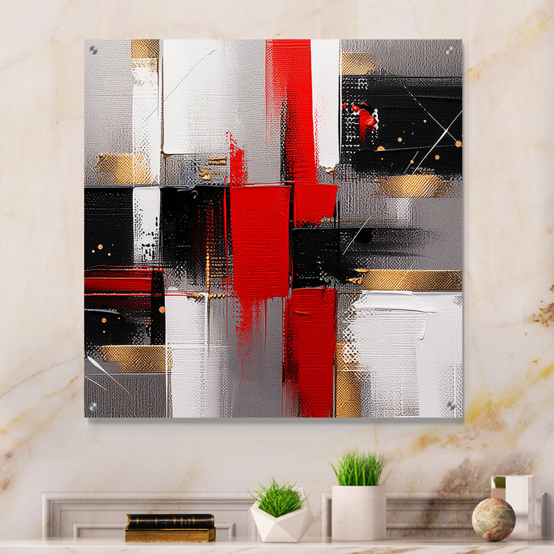 Rouge et or cubique abstrait I - cubisme, art mural acrylique, H 30 po x l 30 po