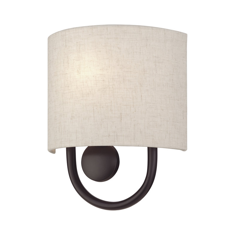 1 Light English Bronze ADA Sconce With Hand Crafted Oatmeal Fabric Shade With White Fabric Inside, English Bronze