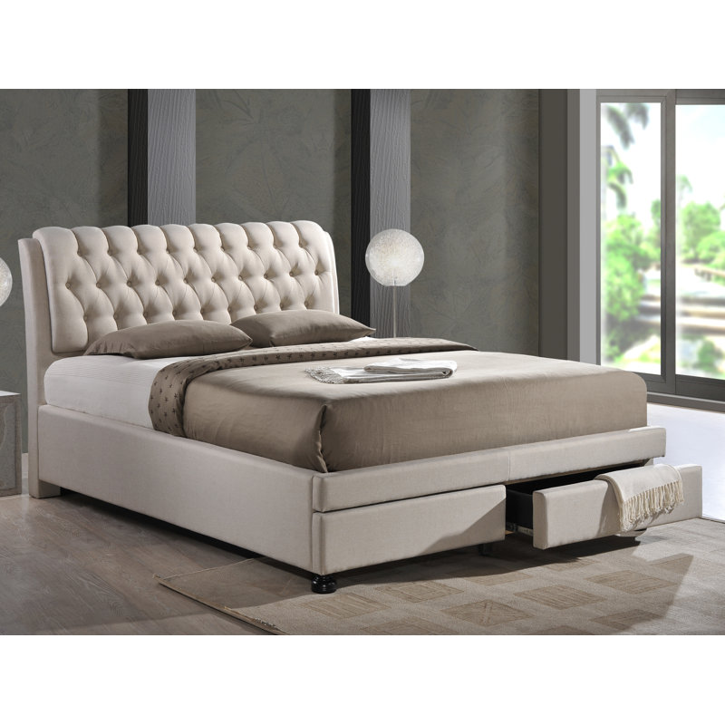 Lit plateforme tapissier avec rangement Melwin, Grand, Beige clair