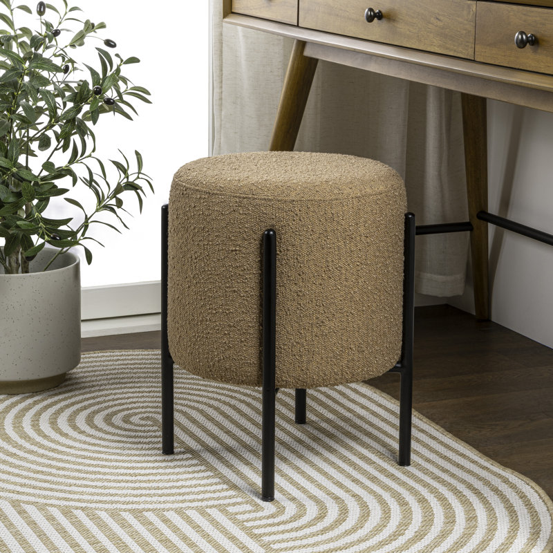 Silvia Mid-Century Brown Bouclé Round Vanity Stool, Backless Ottoman with Black Metal Legs for Bedroom, Living Room, 14" x 18.5"