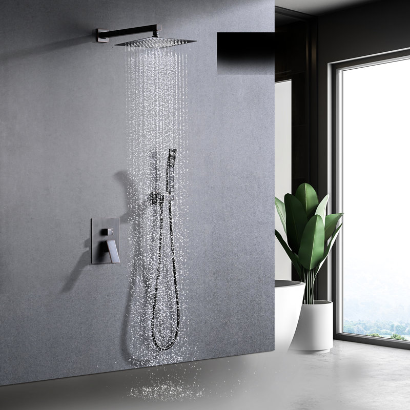 Pomme de douche à effet de pluie 10 po, robinet à main et buse autonettoyante, système mural bronze huilé, avec et robinets