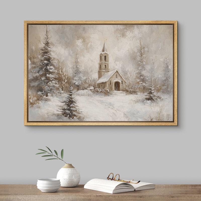 «Rustic Winter Landscape Country Christmas Pine Tree Holiday Decor», reproduction d'art sur toile encadrée, Naturel