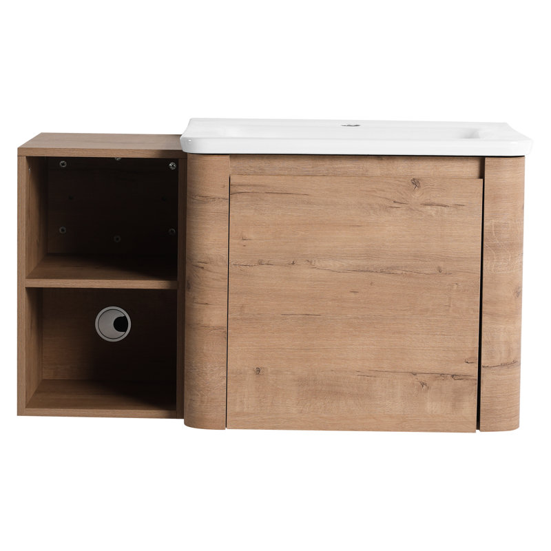Meuble-lavabo mural de 36 po comprenant lavabo en céramique blanche, petites tablettes de rangement, porte simple à fermeture en douceur, garniture de rangement, contreplaqué, meuble-lavabo Scratch & Water, fonctionnement silencieux, rebords arrondis
