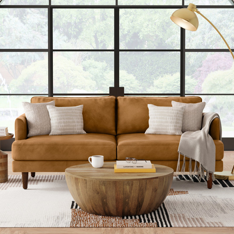 Caramel Brown Genuine Leather Mid-Century Modern Sofa with Removable Cushions