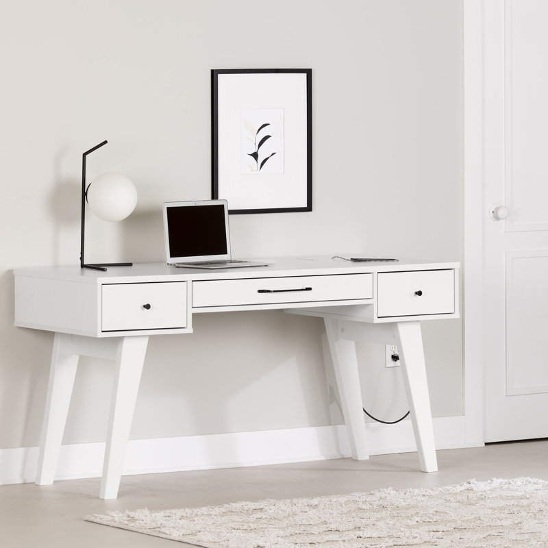 White Scandinavian Computer Desk with Power Outlet and USB Ports