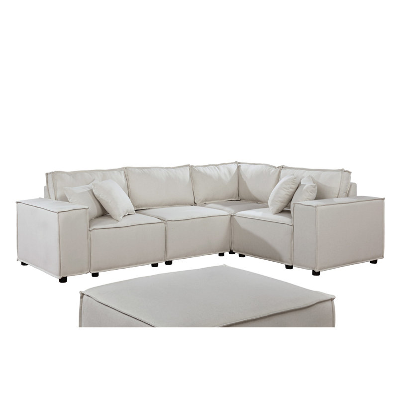 Beige Linen 99" Sectional With - Flexible Seating Options, Welt Trim Design, Foam Filled Seats Coil Springs, 5 Accent Cushions Modular Reconfigurable Arrangements, Pillows