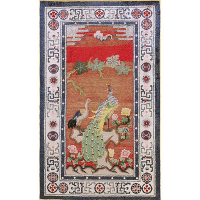 Petit tapis en soie à motif paon antique et grue chinoise