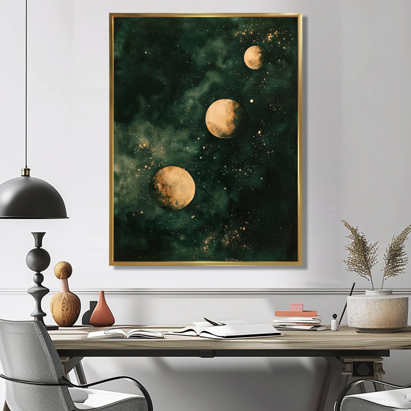 Whispering Glow Of Planets - Space Wall Art, 40" H x 30" W, Floater Framed Print, Gold