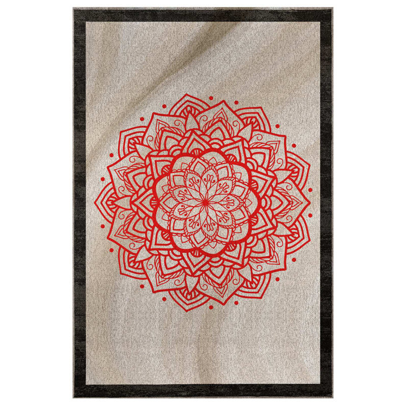 Qasida Collection Digital Print Cotton-Polyester Beige Red Moroccan Rug, Round 2'8"