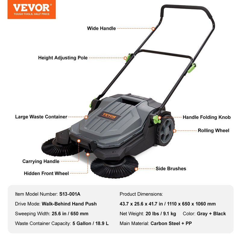 Walk-behind Hand Push Floor Sweeper, 25.6" Sweeping Width Floor Sweeper Manual Non-Electric, 5-Gallon Waste Container, Angle & Height Adjustable Folding Handle for Walkway, Yard, Garage, Patio