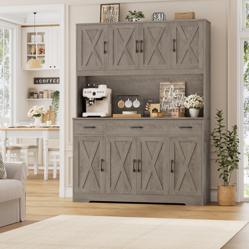Garde-manger 71 po x 55 po avec station de charge, support pour micro-ondes et tiroirs de rangement 71 po x 55 po, Gris
