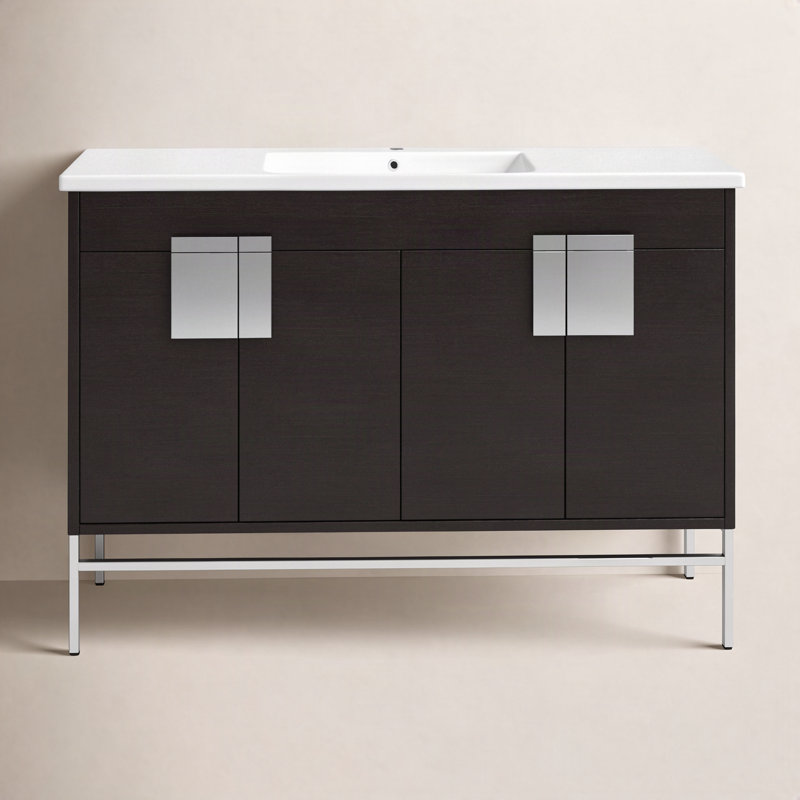 Maisie 48 " W Freestanding Standard 1 Single Vanity Bathroom Vanity With Ceramic Top, Black Straight Grain, Polish Chrome