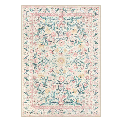 Pink Rugs For Bedroom Girls, 5X7 Washable Rug For Nursery Decor, Boho Soft Floral Carpet Non Slip, Indoor Ultra-Thin Floor Carpet For Baby Kids Room Living Room Dorm