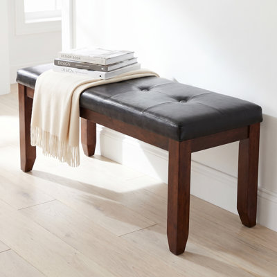 Mandi Dining Bench, Solid Wood & Tufted Black Faux Leather