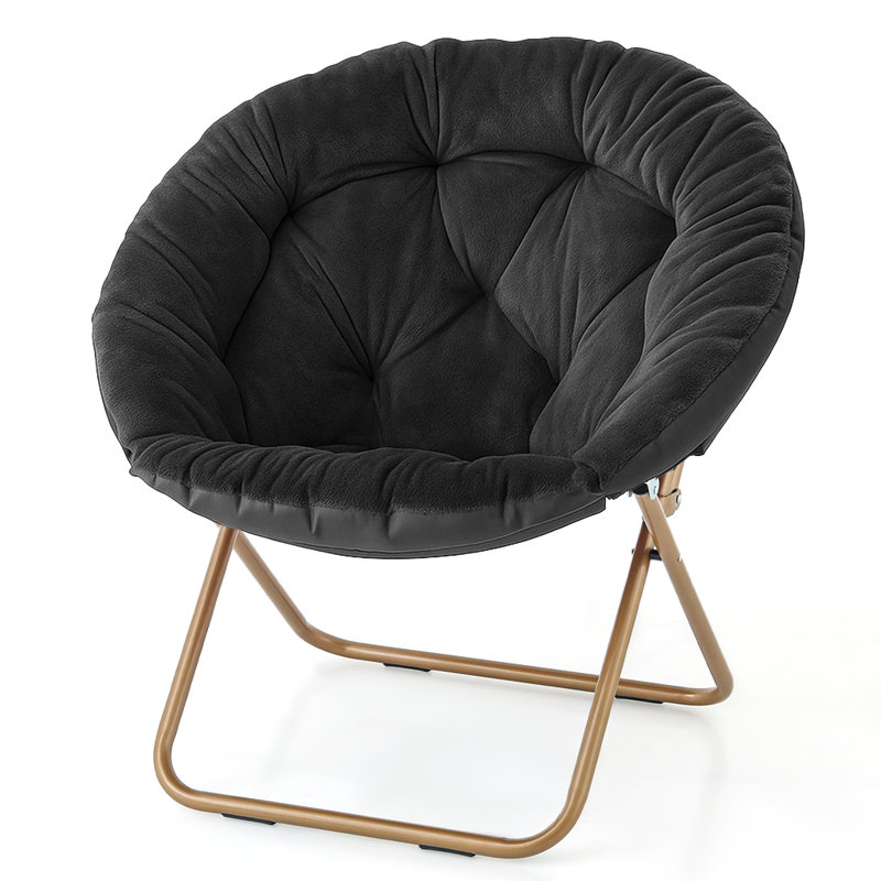 ​​300Lb Capacity Folding Saucer Chair 33" Round Metal Frame Synthetic Fur​​ Lounge Chair X-Base 6.5" Fold Depth, Black