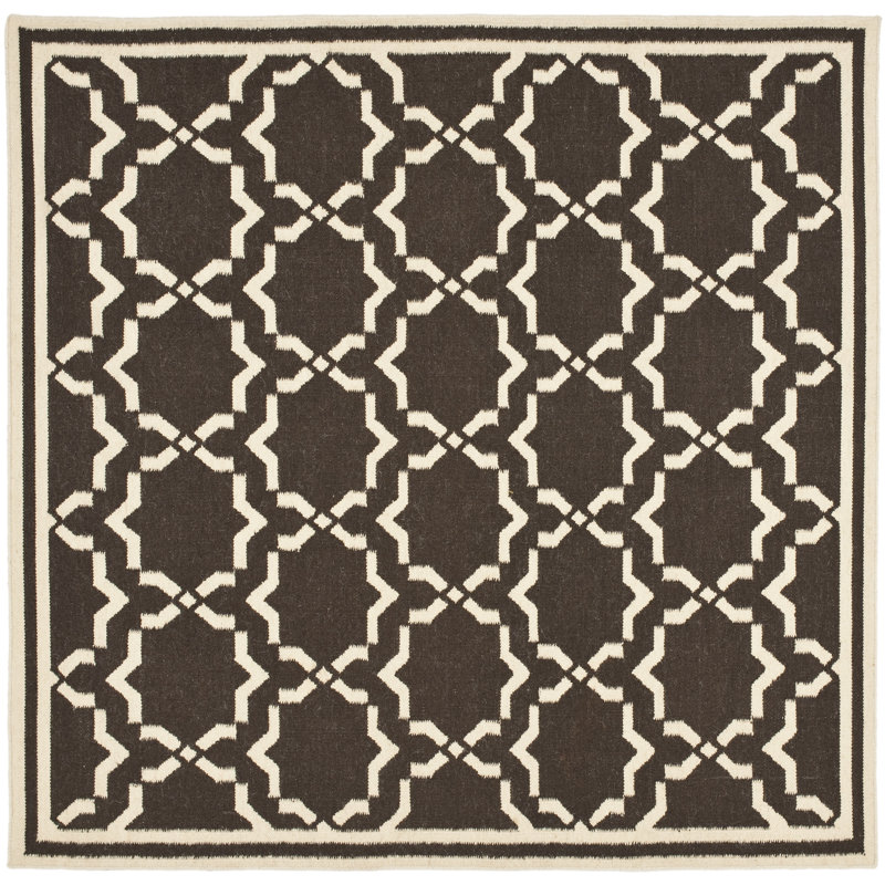 Rodgers Hand Woven Flat Weave Wool/Cotton Geometric Rug in Chocolate, Square 6'