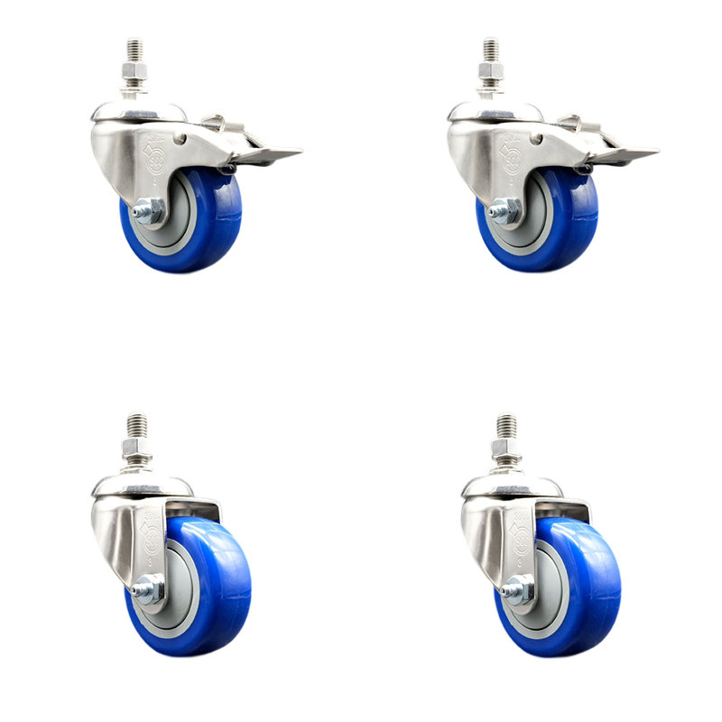3.5 Inch 316SS Blue Polyurethane ½ Inch Threaded Stem Caster Set 2 Lock Brake