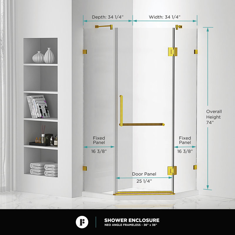34.25'' W x 74.25'' H Hinged Frameless Shower Door, Satin Brass