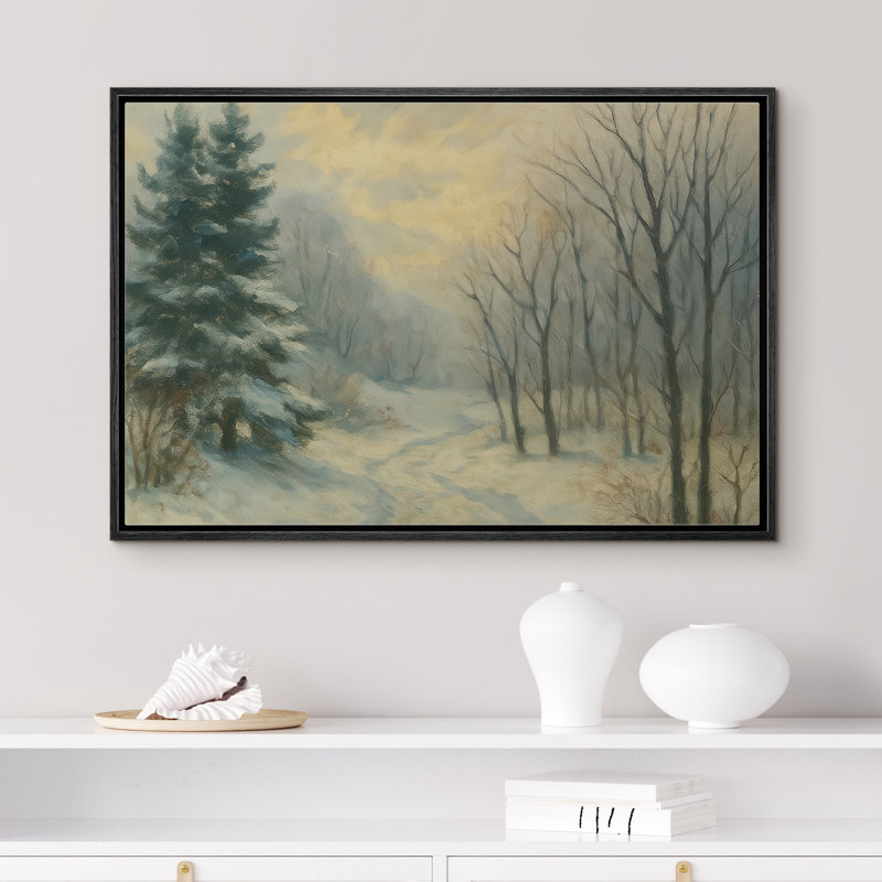 «Misty Winter Woods with Bare Trees and Evergreen», reproduction d'art sur toile encadrée dans la chambre principale, Noir