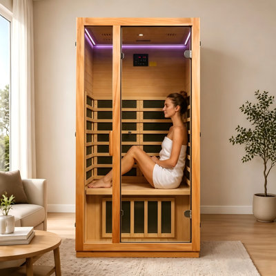  1-2 Person Indoor Far Infrared Luxury Sauna, Low-EMF 1510W/120V Dual Lighting Features with Reading Light & Chromotherapy LED, Clear BT Speaker Sound, Natural Wood Construction,74.8" H x 39.37" Wx 35.43" D