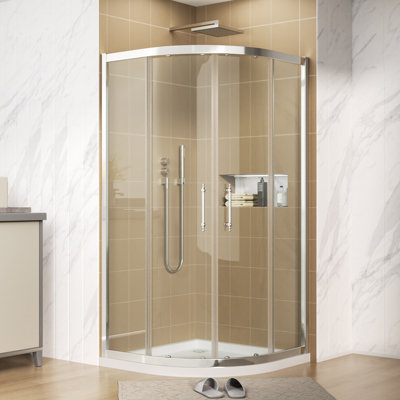72"/75" Height Frameless Neo-Angle Shower Enclosure with 3/8" Tempered Glass Corner Curved Sliding Shower Door Double Sliding Doors Stainless Steel Rollers and Waterproof Seal Strip