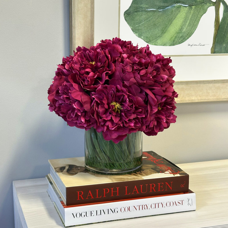 Faux Peony Arrangement in a Glass Vase, Dark Magenta