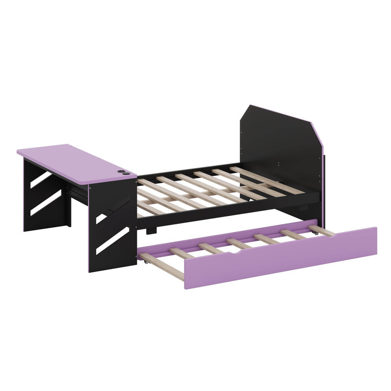 Lit de jour moderne en bois pleine grandeur avec lit gigogne simple, bureau et port USB, structure de canapé-lit plateforme élégante inspirée du jeu vidéo