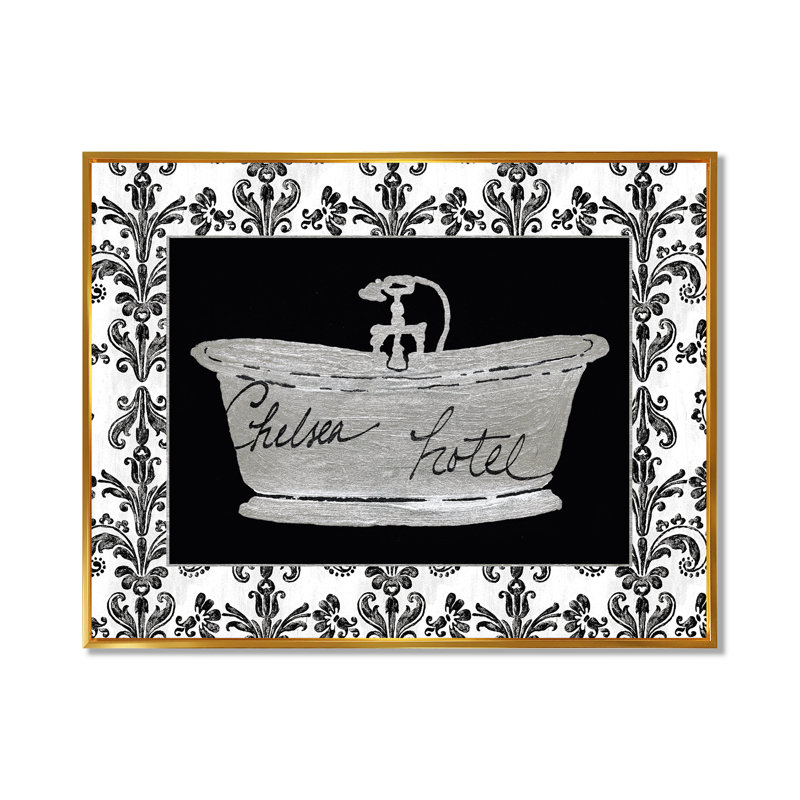 Paris Hotel Bathroom II - Imprimé, Toile avec cadre flottant or, H 30 po x l 40 po x 1,5 po