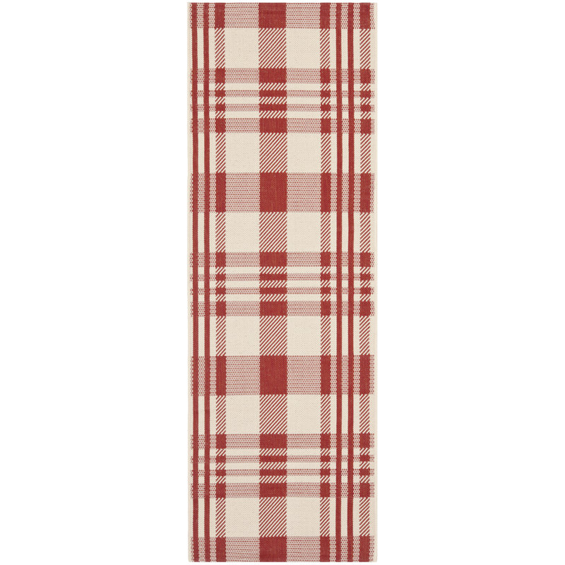 Tapis d'intérieur / extérieur écossais Courtyard Performance, Red/Bone, Tapis de couloir 2 pi 3 po x 18 pi