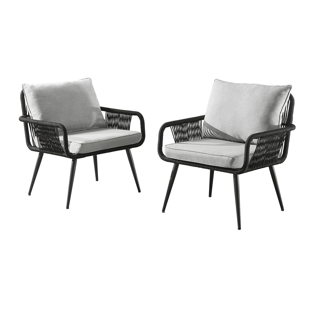 Almaraz Set of 2 Modern All-Weather Outdoor Woven Rope Lounge Chairs with Cushions (Set of 2) Mistana™