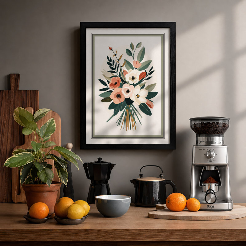 Coral Bouquet Botanical - Framed Print, A2 - 59.4 x 42.0 cm, Black