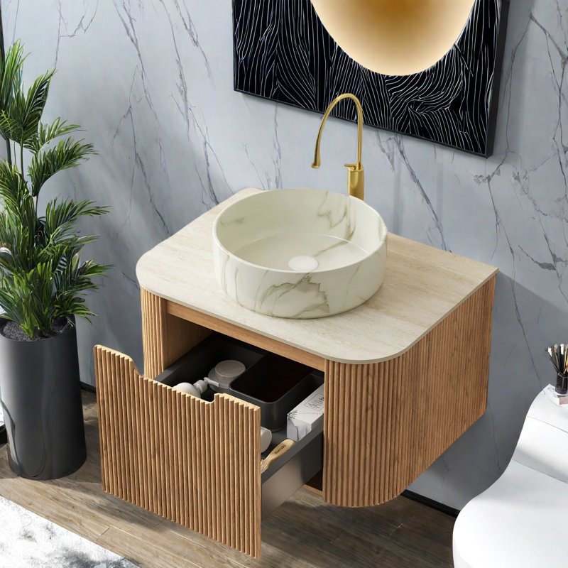 Meuble-lavabo compact et moderne avec lavabo, fini bois naturel et rangement