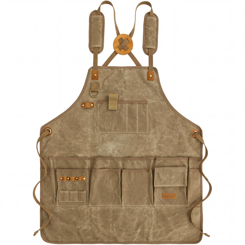 Tablier de travail en toile cirée avec poches multiples et passants pour outils, tablier robuste pour menuisier (70 x 74 cm), bretelles croisées réglables, coloris kaki et camel, idéal pour la menuiserie, l'atelier et le jardinage.