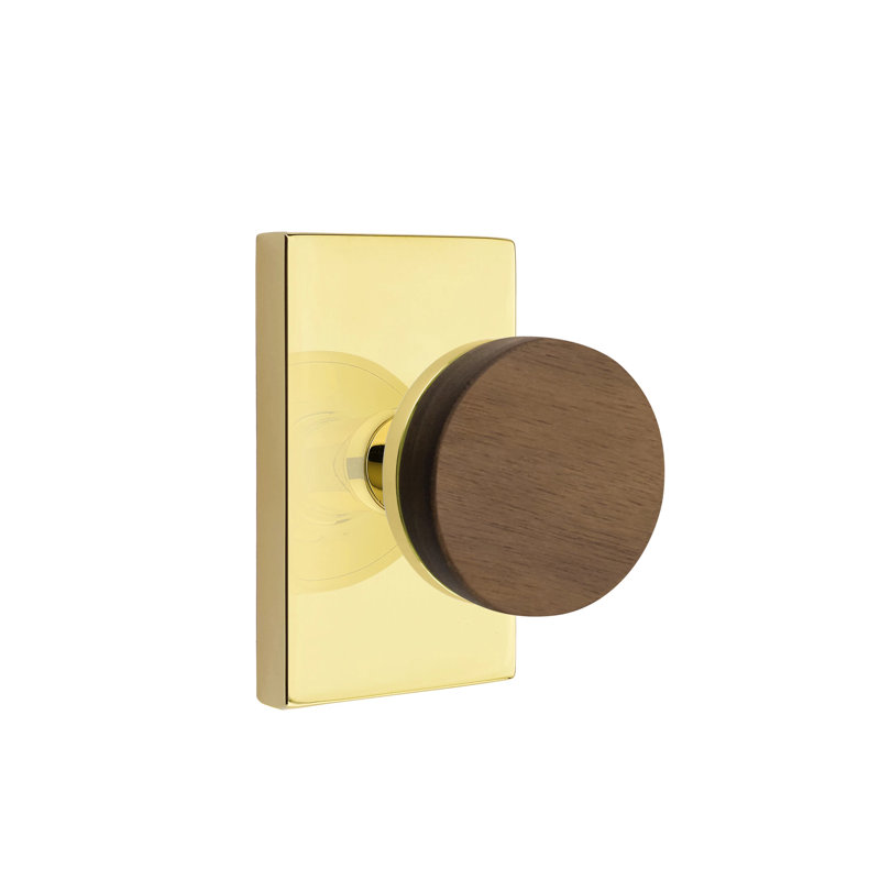 Emtek Select Privacy Knobset w/ Modern Rectangular Rosette & Conical Stem, Dark Walnut Knob (CF), Unlacquered Brass