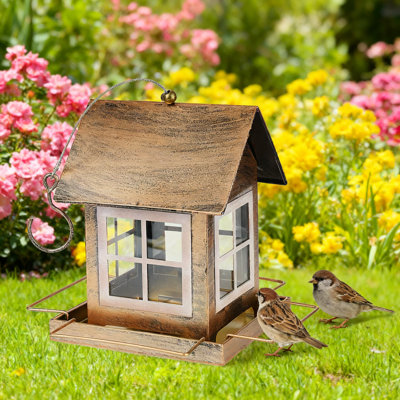 Heavy Duty Metal Bird Feeder For Outdoors Hanging, Large Capacity Weatherproof Wild Bird Feeder With Vintage Country House Design For Garden And Yard
