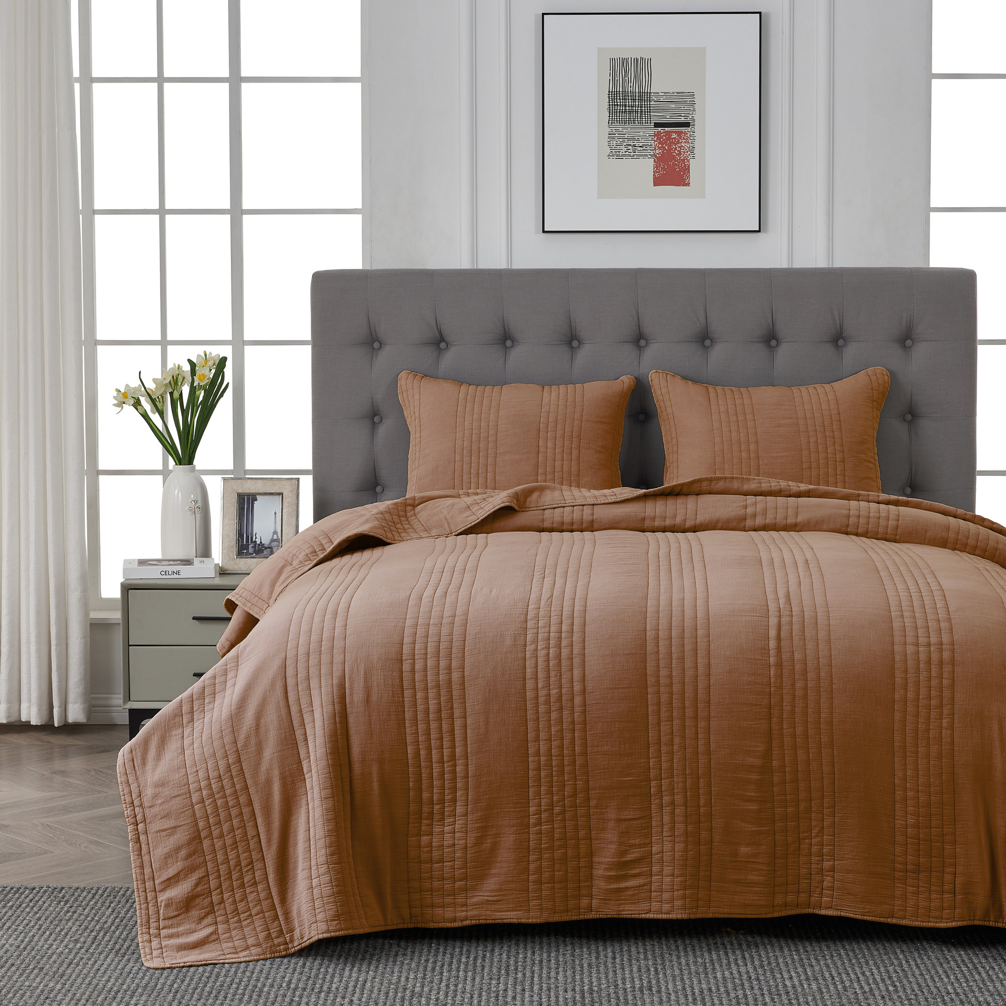 Cotton Quilt Set, Rust Orange, Queen Quilt + 2 Standard Shams