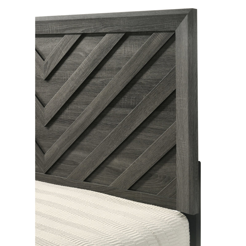 Grand lit à motif géométrique au fini rustique gris avec motif pour chambre à coucher, cadre de style contemporain, Queen