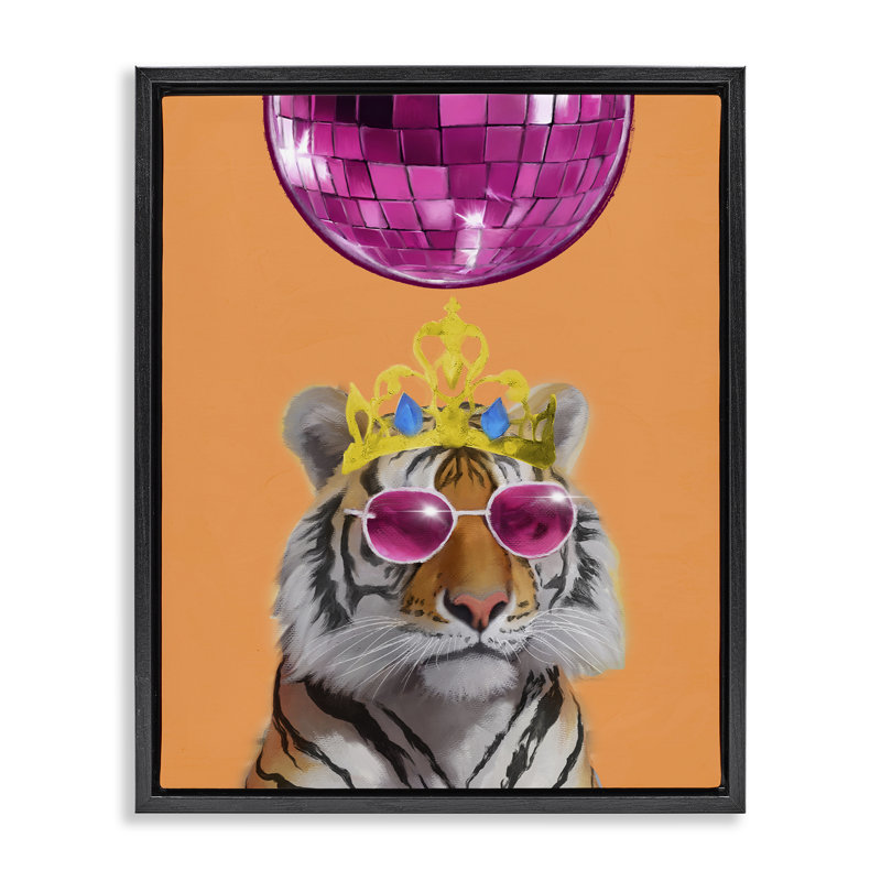 «Disco Tiger with Crown», art mural encadré par Elizabeth Medley, Cadre flottant noir de jais, H 21 po x l 17 po