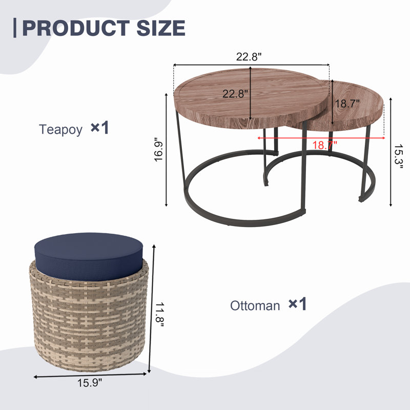 Outdoor Coffee Table With Ottoman, Bleu