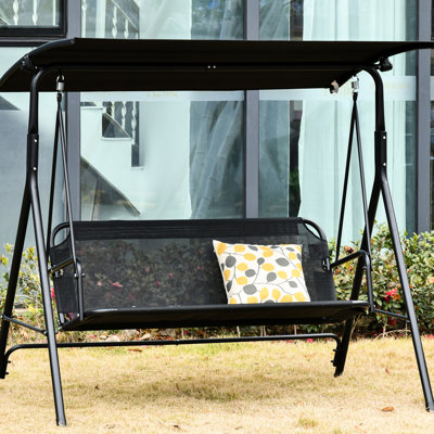 Canopy Porch Swing For Two - Black, Breathable Seat, Tilt Adjustable Canopy, Steel Base, Backyard, Patio Chair 2 Mesh, Heavy-duty Construction, Backyard