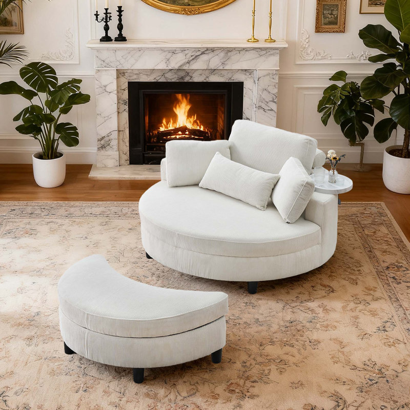 51 Inch Round Modular Accent Sofa With Storage Ottoman & Tray, Beige Corduroy Upholstered Couch For Elegant Classic Living Room