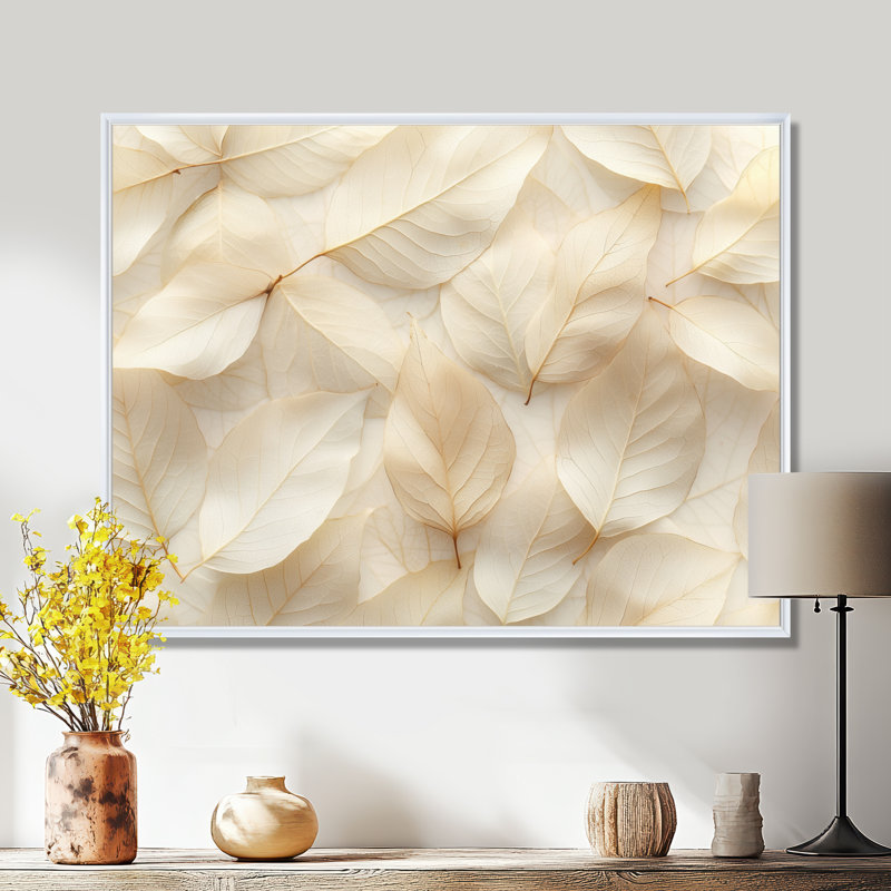 Ivoire, feuilles, collage, feuillage II - feuilles, art mural, H 30 po x l 40 po, Impression encadrée flottante, Blanc