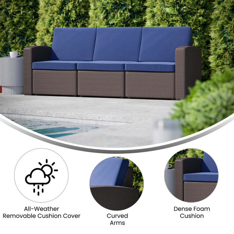 Alderman Faux Rattan Sofa with All-Weather Cushions, Brown/Navy