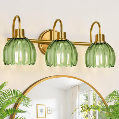 Bathroom Light Fixtures (3-Light, 20 In), Brushed Gold Vanity Lights For Bathroom With Ribbed Tulip Glass Shade