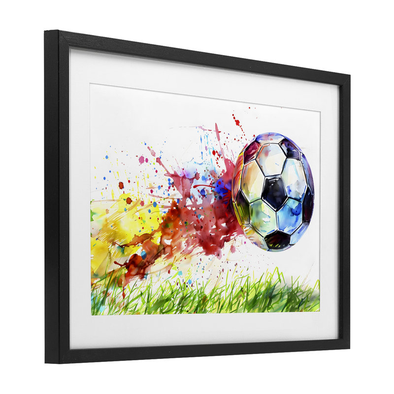 Aquarelle, ballon de soccer en mouvement, reproduction encadrée sous verre, design by Creative Studio, 14 x 20