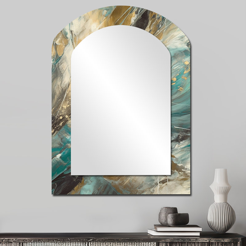 Golden Hour In Turquoise Waves II - Abstract Metal Art Decor - Modern Irregular Wall Mirror, 34'' x 25''