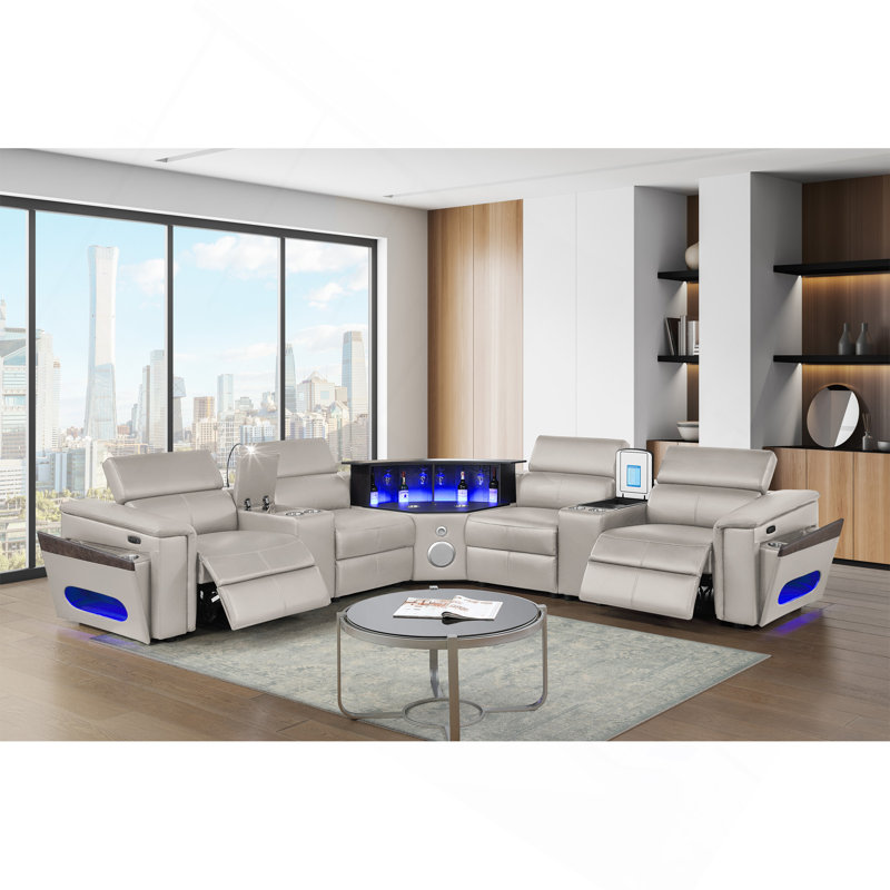 Canapé modulaire Nova avec 1 console (réfrigérateur), coin avec haut-parleur Bluetooth, armoire à vin à DEL et à levage - Gris