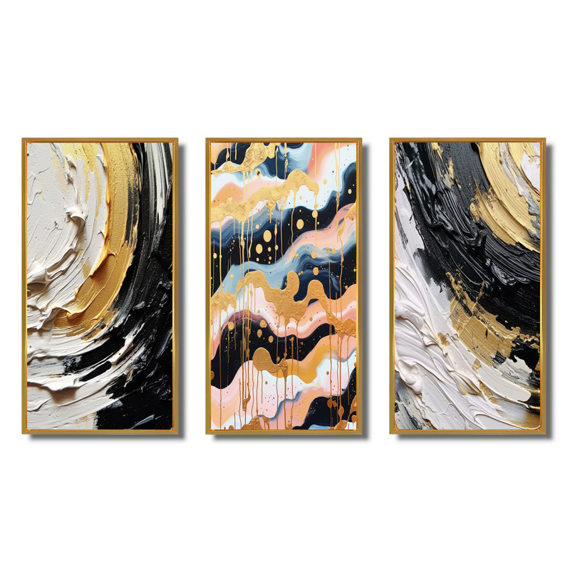 «Gold Black Spiral Illusions», 3 pièces sur toile, Cadre flottant doré, H 32 po x l 48 po