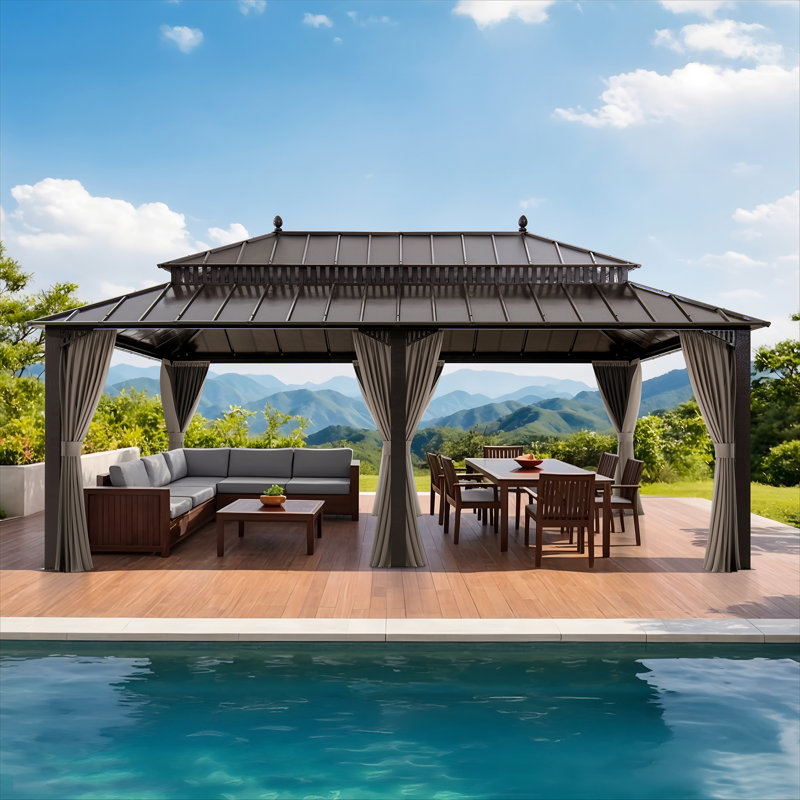 Pavillon de jardin à toit rigide en acier avec rideau et filet 20 x 12 SUNJoy Kingston - Poteaux en aluminium brun, Brown